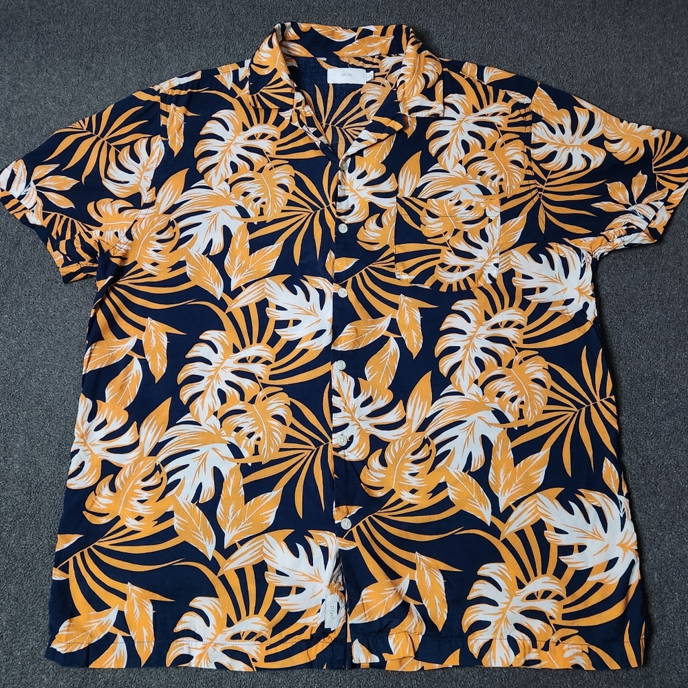 Onia Mens Large Hawaiian Button Down Shirt Orange Navy Palm Leaf Allover Print